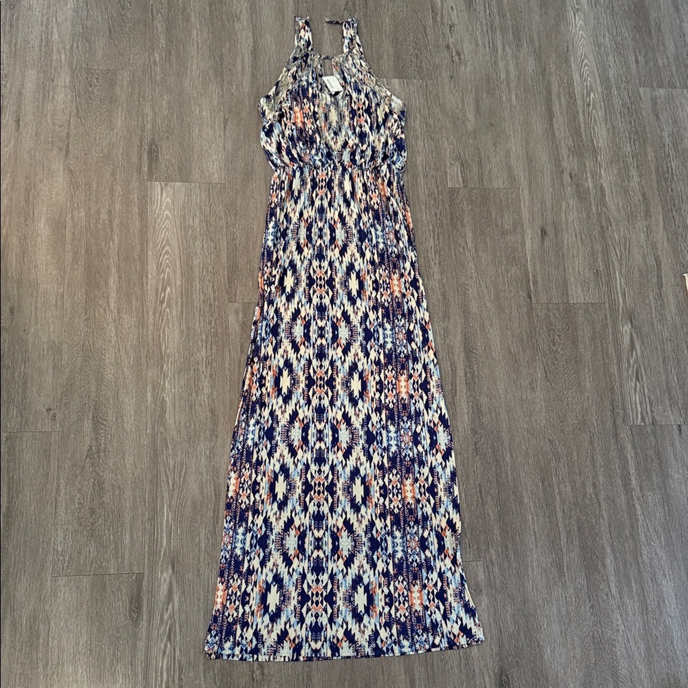 Parker-Blue, orangeand Cream, Patterned Maxi Dress adorned with beaded top!